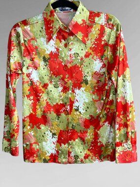 Vintage 70s Contessa Floral Button Front Blouse Dagger Point Collar Size Large